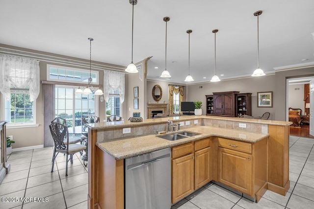 1 Lattimore Ct, Freehold, NJ 07728 - kitchen with stainless steel dishwasher, a sink, open floor plan, light tile patterned flooring, and crown molding