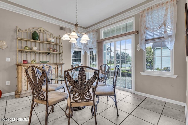 1 Lattimore Ct, Freehold, NJ 07728 - dining area featuring light tile patterned floors, ornamental molding, a chandelier, and baseboards