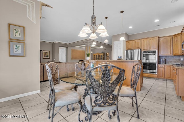 1 Lattimore Ct, Freehold, NJ 07728 - dining room with a chandelier, light tile patterned floors, baseboards, crown molding, and recessed lighting