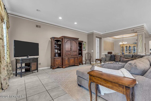 1 Lattimore Ct, Freehold, NJ 07728 - living room with ornamental molding, a chandelier, light tile patterned flooring, baseboards, and recessed lighting