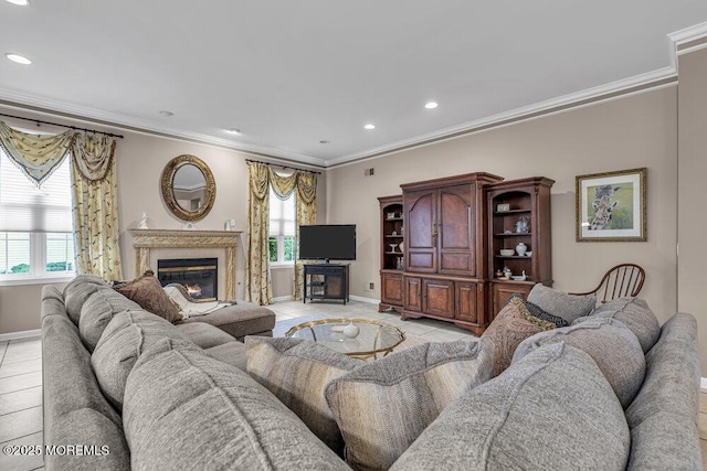 1 Lattimore Ct, Freehold, NJ 07728 - living area featuring baseboards, plenty of natural light, ornamental molding, a fireplace, and recessed lighting