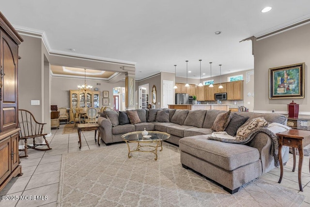 1 Lattimore Ct, Freehold, NJ 07728 - living room with crown molding, a chandelier, light tile patterned flooring, recessed lighting, and a raised ceiling