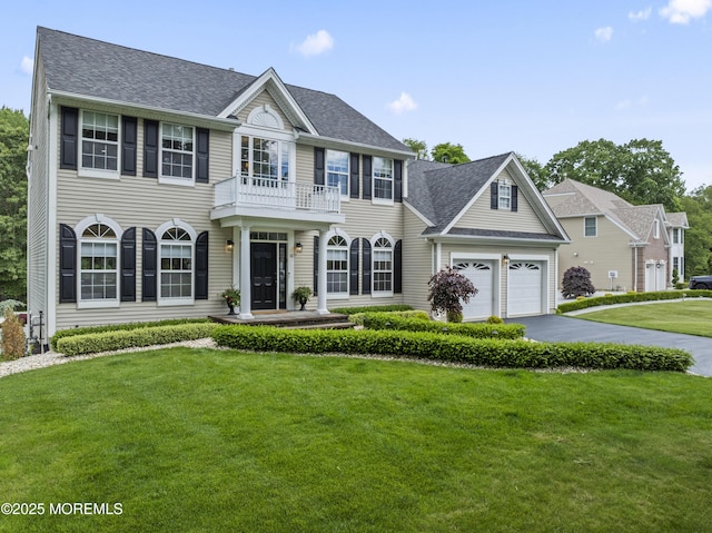 16 Wildflower Ct, Manalapan, NJ 07726 - colonial-style house with a balcony, asphalt driveway, a front yard, a shingled roof, and an attached garage