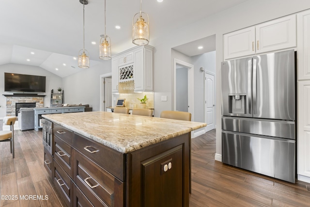 16 Wildflower Ct, Manalapan, NJ 07726 - kitchen featuring stainless steel fridge with ice dispenser, dark brown cabinets, white cabinetry, decorative backsplash, and recessed lighting