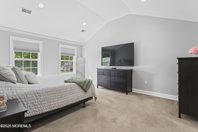 16 Wildflower Ct, Manalapan, NJ 07726 - bedroom with lofted ceiling, carpet, ornamental molding, baseboards, and recessed lighting