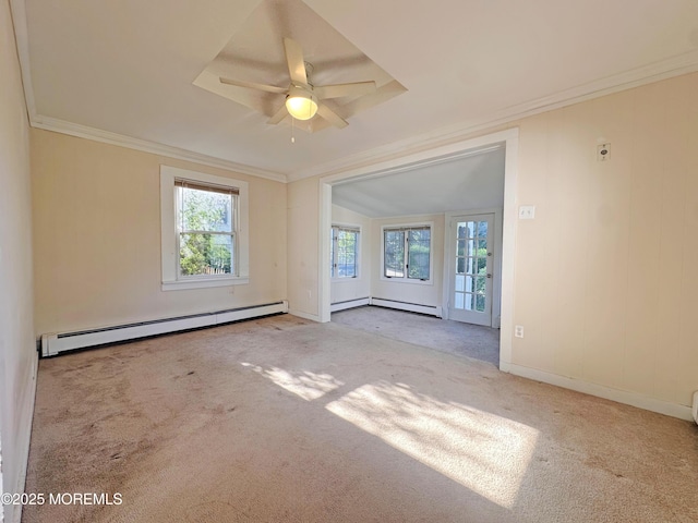 106 Delaware Ave, Atlantic Highlands, NJ 07716 - carpeted empty room featuring a baseboard radiator, ornamental molding, ceiling fan, baseboard heating, and baseboards