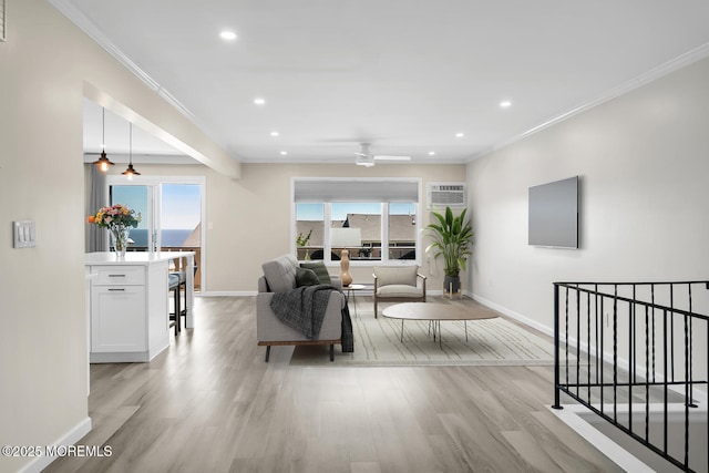 J4 Twinlights Ct, Highlands, NJ 07732 - living area featuring light wood-style floors, recessed lighting, ceiling fan, and crown molding