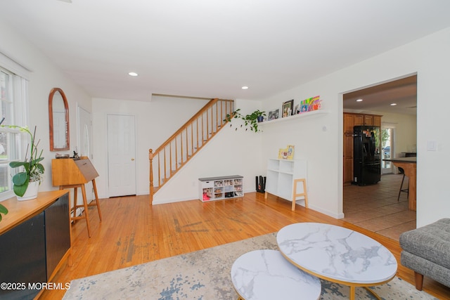 209 Woodcrest Rd, Oakhurst, NJ 07755 - living area featuring stairway, recessed lighting, light wood-style flooring, and baseboards