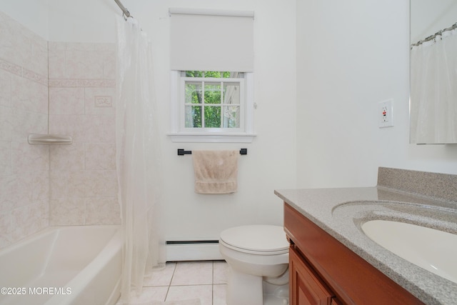 209 Woodcrest Rd, Oakhurst, NJ 07755 - full bath featuring baseboard heating, vanity, toilet, tile patterned flooring, and shower / bath combo with shower curtain