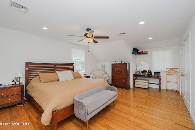 209 Woodcrest Rd, Oakhurst, NJ 07755 - bedroom featuring light wood-style floors, recessed lighting, vaulted ceiling, and a ceiling fan