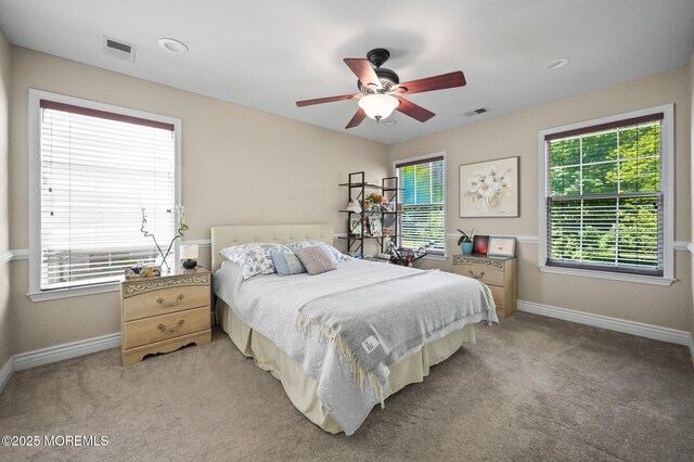 bedroom with multiple windows, baseboards, and light carpet