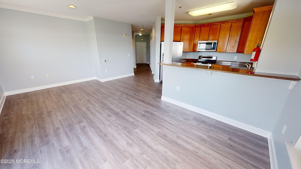 6306 Fernandez Ct, Parlin, NJ 08859 - kitchen with stainless steel appliances, open floor plan, a peninsula, baseboards, and ornamental molding