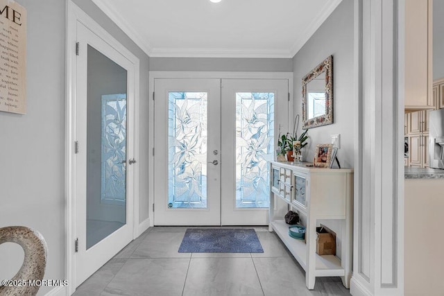 3504 Churchill Dr, Toms River, NJ 08753 - entryway with french doors, ornamental molding, and light tile patterned flooring