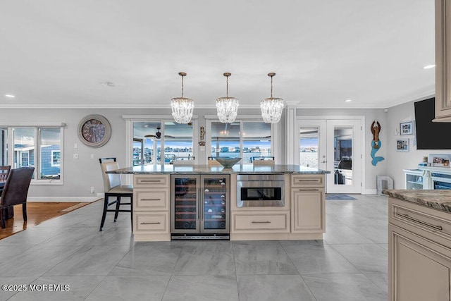 3504 Churchill Dr, Toms River, NJ 08753 - bar area featuring beverage cooler, ornamental molding, a chandelier, recessed lighting, and french doors
