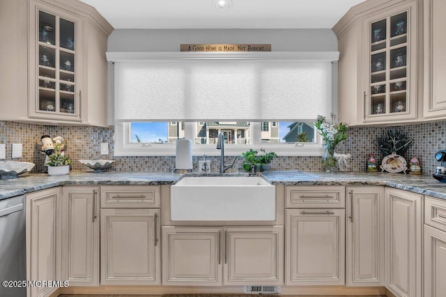 3504 Churchill Dr, Toms River, NJ 08753 - kitchen with a sink, dishwasher, backsplash, and glass insert cabinets