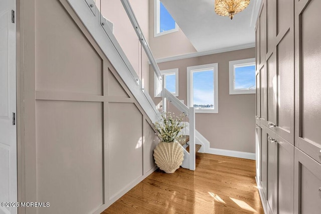 3504 Churchill Dr, Toms River, NJ 08753 - foyer with stairway, baseboards, light wood-style floors, healthy amount of natural light, and ornamental molding