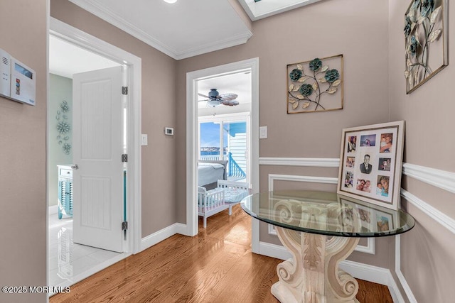3504 Churchill Dr, Toms River, NJ 08753 - dining space with wood finished floors, ornamental molding, baseboards, and ceiling fan