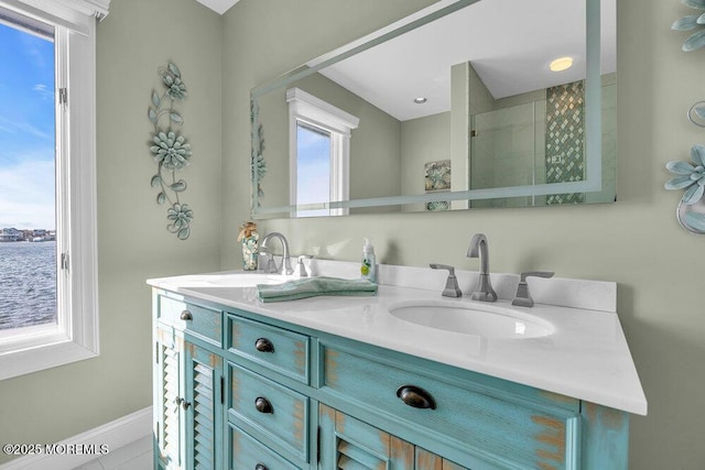 3504 Churchill Dr, Toms River, NJ 08753 - bathroom with double vanity, a stall shower, and baseboards