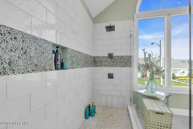 3504 Churchill Dr, Toms River, NJ 08753 - bathroom with a tile shower and lofted ceiling