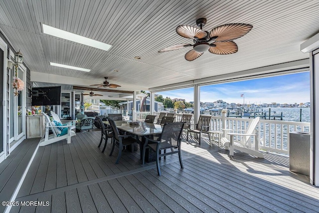 3504 Churchill Dr, Toms River, NJ 08753 - wooden terrace featuring ceiling fan, outdoor dining area, and a water view