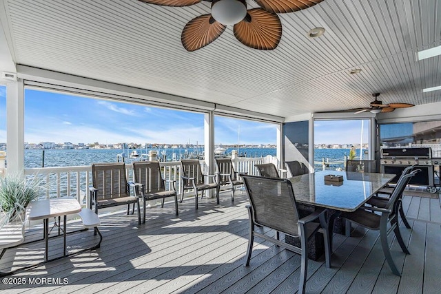 3504 Churchill Dr, Toms River, NJ 08753 - deck featuring a water view, ceiling fan, outdoor dining space, and exterior kitchen