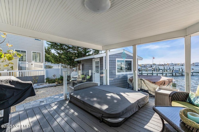 3504 Churchill Dr, Toms River, NJ 08753 - deck with a covered hot tub, a water view, an outdoor structure, and area for grilling