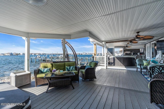 3504 Churchill Dr, Toms River, NJ 08753 - wooden deck with ceiling fan and an outdoor hangout area