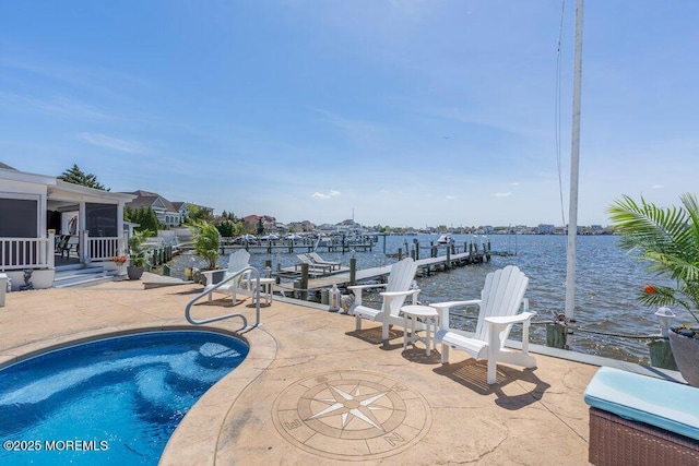 3504 Churchill Dr, Toms River, NJ 08753 - swimming pool featuring a dock, a water view, a patio area, and a sunroom