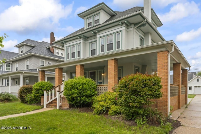 208 4th Ave, Belmar, NJ 07719 - view of front of house with covered porch, brick siding, a front lawn, and a chimney