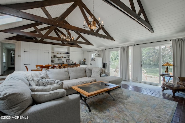 135 Rumson Rd, Rumson, NJ 07760 - living room with a chandelier, high vaulted ceiling, and beam ceiling