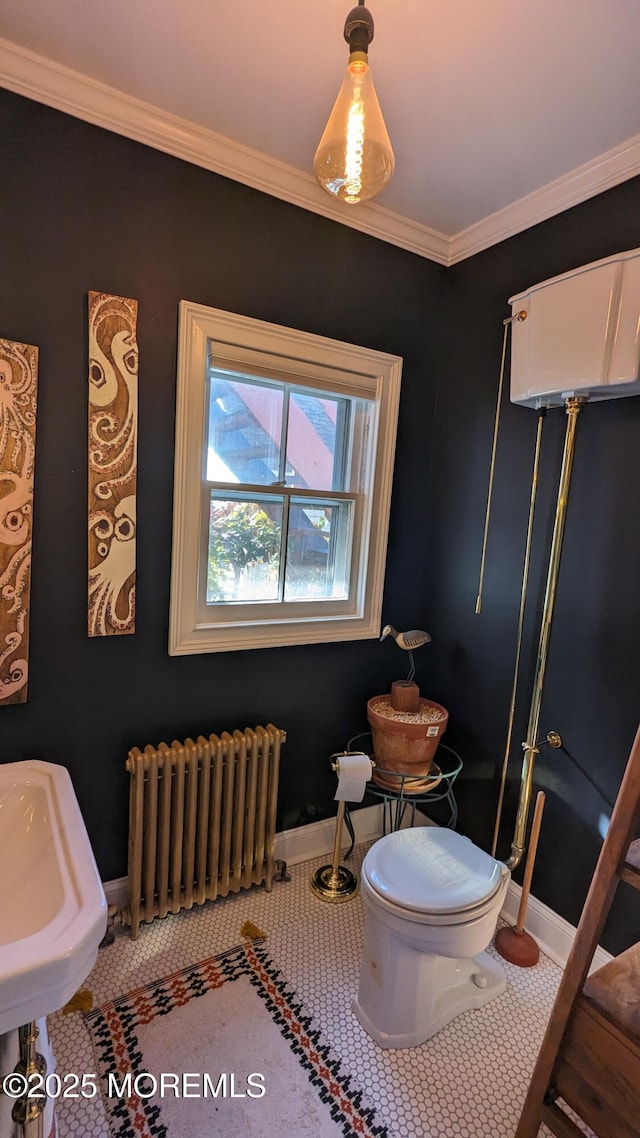 130 Main St, Keyport, NJ 07735 - bathroom featuring radiator, baseboards, toilet, and crown molding