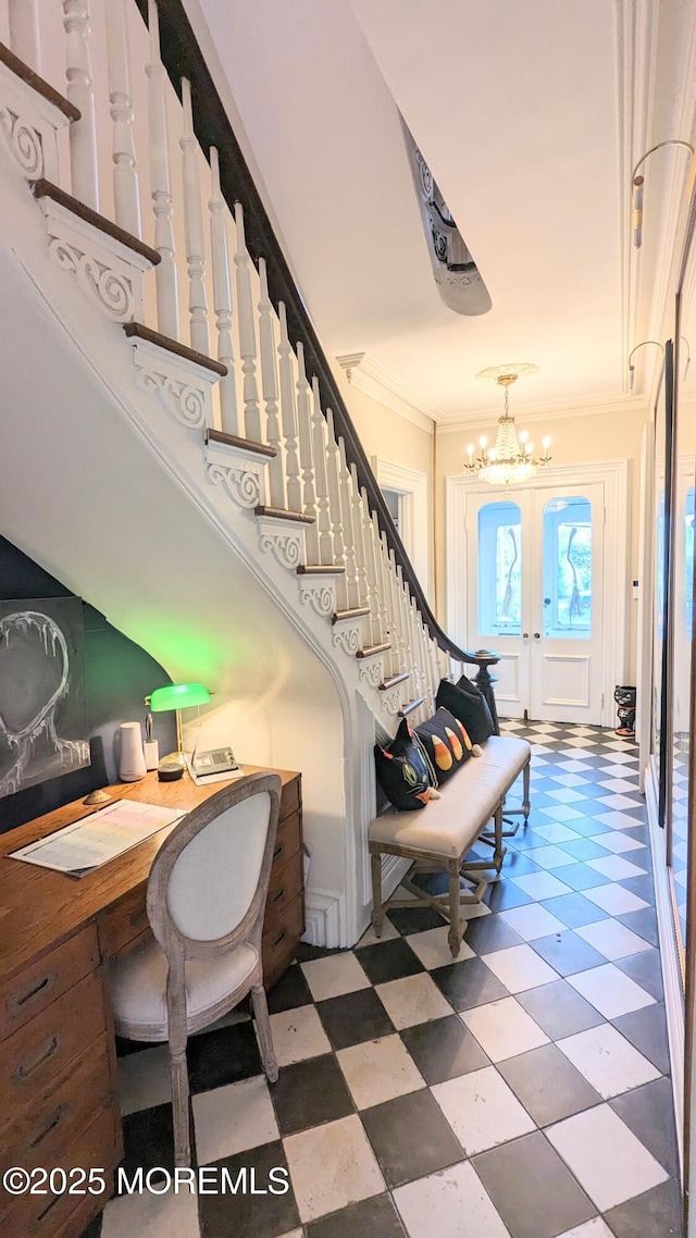 130 Main St, Keyport, NJ 07735 - entryway featuring ornamental molding, a chandelier, stairs, and tile patterned floors