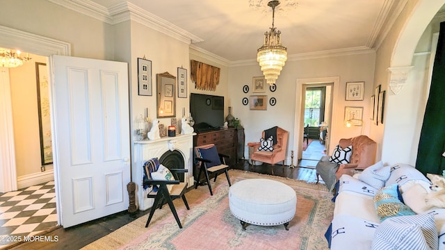 130 Main St, Keyport, NJ 07735 - living area featuring a chandelier, arched walkways, ornamental molding, and wood finished floors