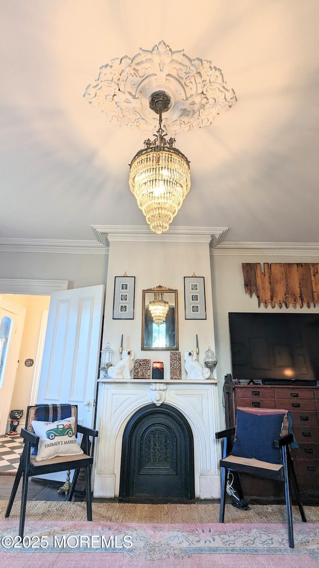130 Main St, Keyport, NJ 07735 - living area with attic access, ornamental molding, and a chandelier