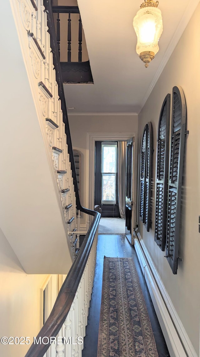 130 Main St, Keyport, NJ 07735 - hall with stairs, crown molding, and dark wood finished floors