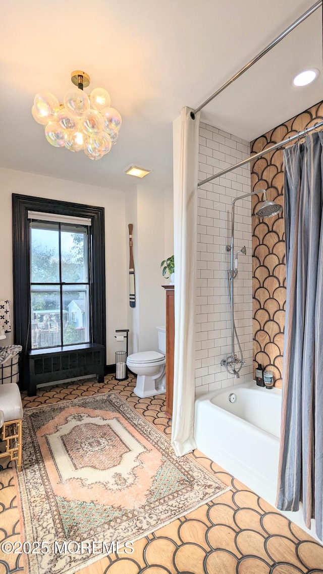 130 Main St, Keyport, NJ 07735 - full bathroom with shower / bath combination with curtain, toilet, and a chandelier
