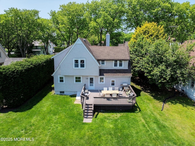 1 Roseld Ct, Deal, NJ 07723 - back of house featuring a deck, a lawn, a shingled roof, and a chimney