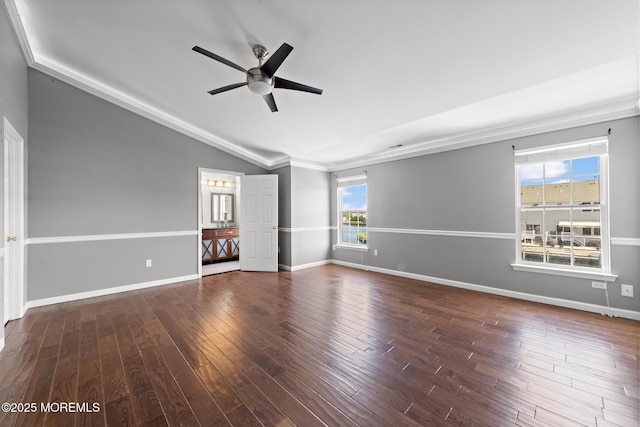 14 Osprey Ln Unit 72, Bayville, NJ 08721 - empty room featuring vaulted ceiling, a ceiling fan, wood finished floors, ornamental molding, and baseboards