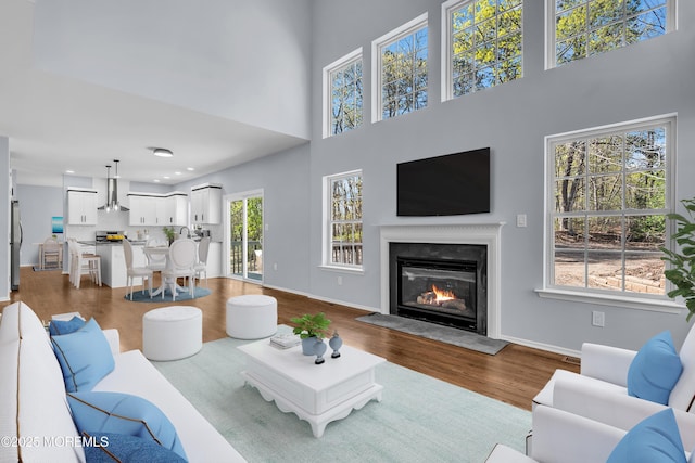 19 Hillside Ave, Barnegat, NJ 08005 - living room with a high ceiling, a glass covered fireplace, baseboards, wood finished floors, and recessed lighting