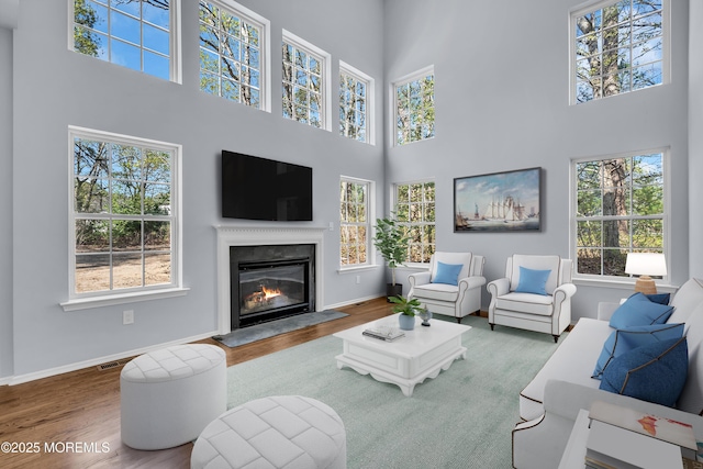 19 Hillside Ave, Barnegat, NJ 08005 - living room with a towering ceiling, wood finished floors, baseboards, and a fireplace with flush hearth