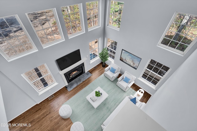 19 Hillside Ave, Barnegat, NJ 08005 - living room featuring a high ceiling, wood finished floors, and a glass covered fireplace