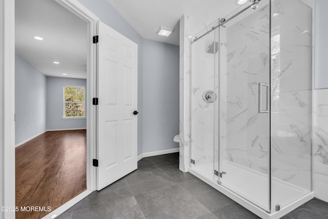 19 Hillside Ave, Barnegat, NJ 08005 - full bathroom featuring a marble finish shower, toilet, baseboards, and recessed lighting