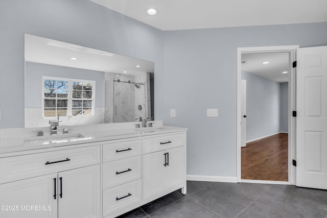 19 Hillside Ave, Barnegat, NJ 08005 - bathroom with a marble finish shower, recessed lighting, baseboards, and double vanity