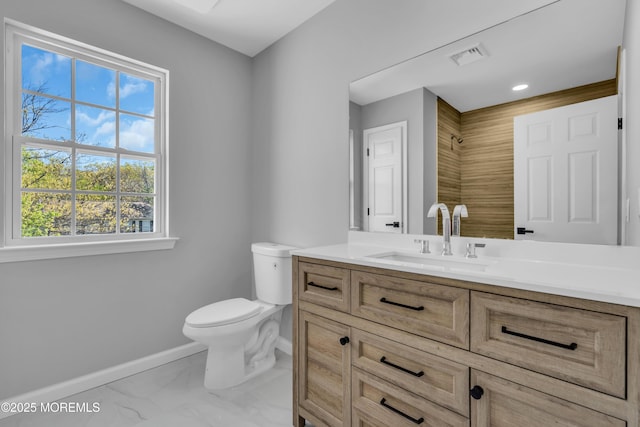 19 Hillside Ave, Barnegat, NJ 08005 - bathroom featuring baseboards, marble finish flooring, toilet, vanity, and a shower