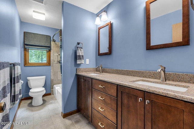 2 Merrick Ct, Middletown, NJ 07748 - bathroom with double vanity, toilet, shower / tub combo with curtain, and baseboards