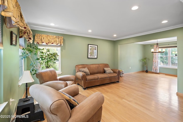 6 Palmer Ln, Englishtown, NJ 07726 - living room with recessed lighting, a chandelier, crown molding, wood finished floors, and baseboards