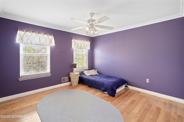 6 Palmer Ln, Englishtown, NJ 07726 - bedroom featuring ornamental molding, light wood-style flooring, baseboards, and a ceiling fan