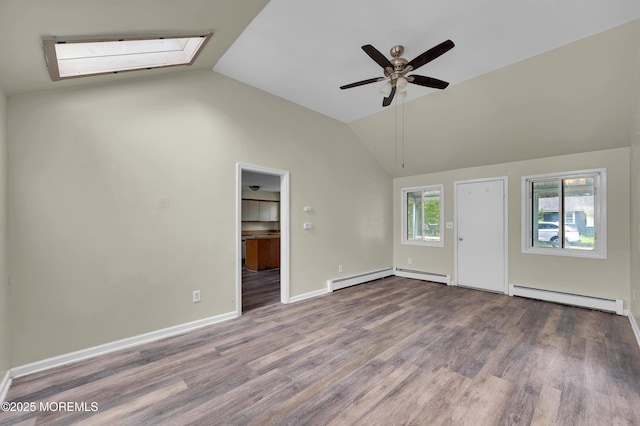 90 Dock Rd, Brick, NJ 08723 - empty room featuring a baseboard radiator, lofted ceiling, ceiling fan, wood finished floors, and baseboard heating