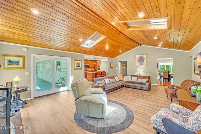 3 Stoney Brook Trl, Howell, NJ 07731 - living area with a skylight, wooden ceiling, wood finished floors, vaulted ceiling, and baseboards