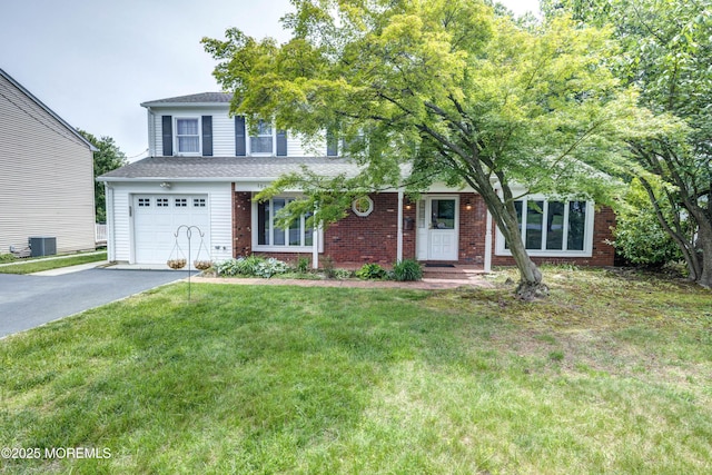 153 12th St, Belford, NJ 07718 - view of front of home featuring driveway, a front lawn, central air condition unit, brick siding, and an attached garage